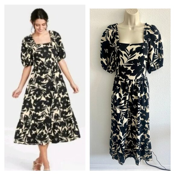 Who What Wear S Linen Blend Black Cream Floral Midi Dress Puff Sleeve Open Back - Picture 1 of 15